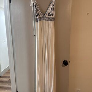 Lulu's Cream Maxi Dress with Navy Embroidery